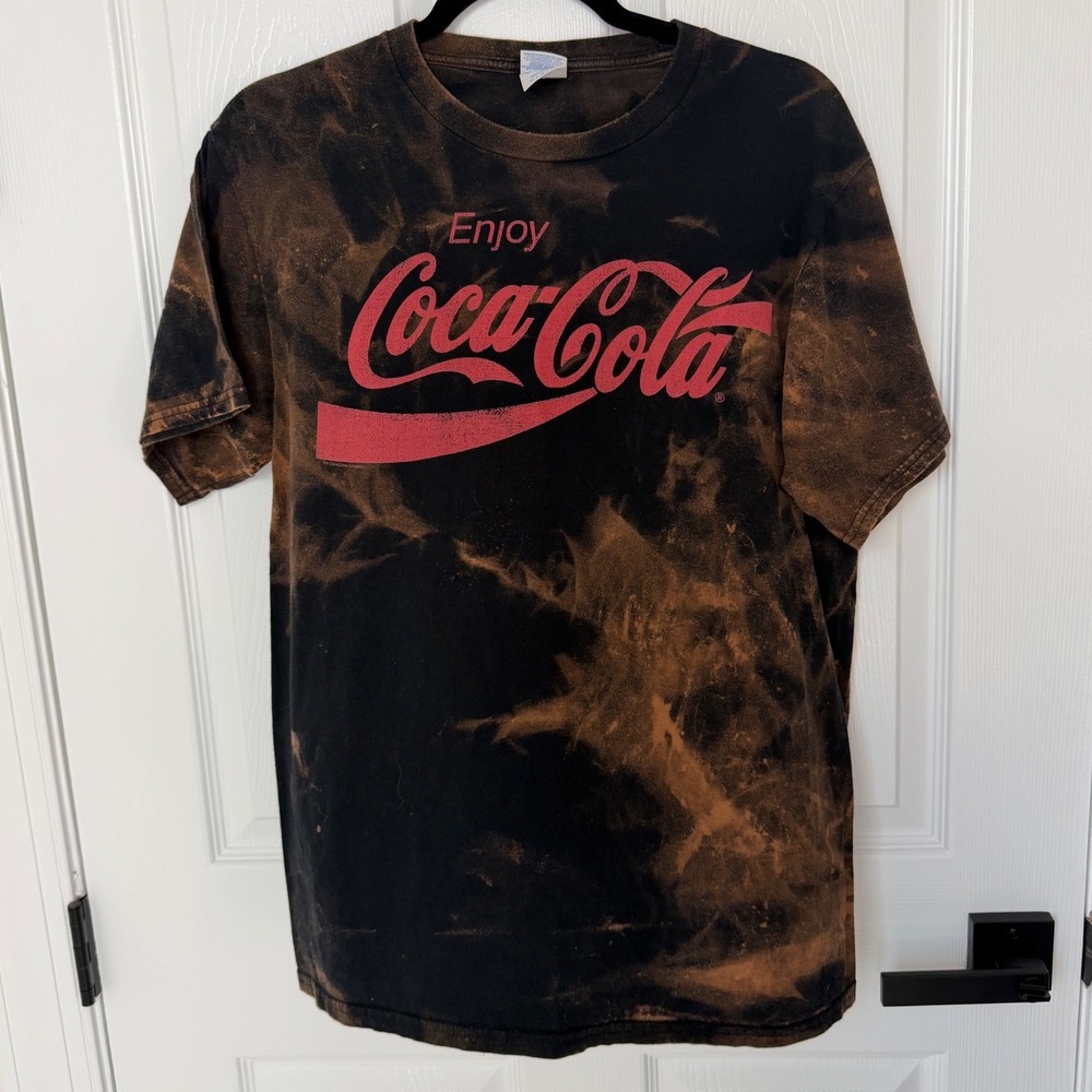 Coca-Cola Bleach Dye Graphic T-Shirt Port & Company Mens Medium Brown Red